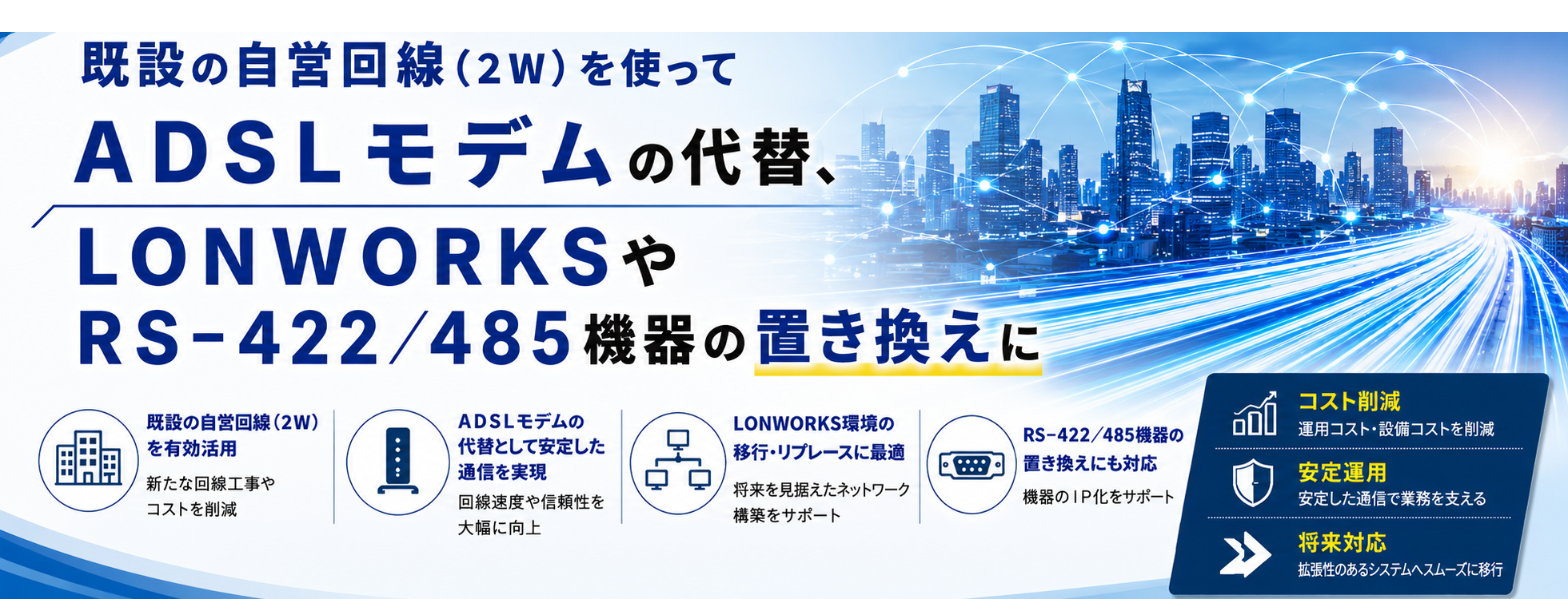 既設の自営回線(2W)を使って、ADSLモデムの代替、LONWORKSやRS-422/485機器の置き換えに